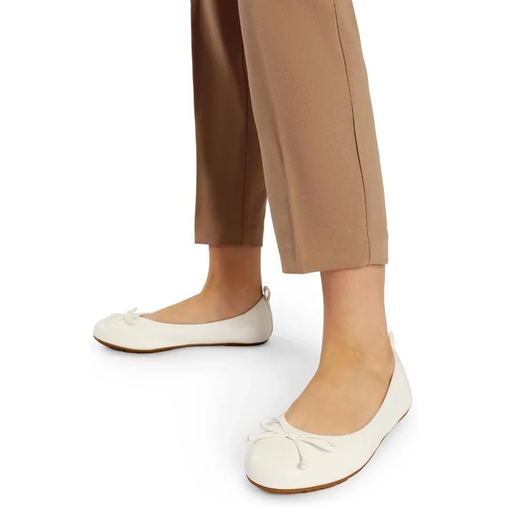 Women's White Bowknot Round Toe Comfort Light Weight Slip-on Foldable Flats